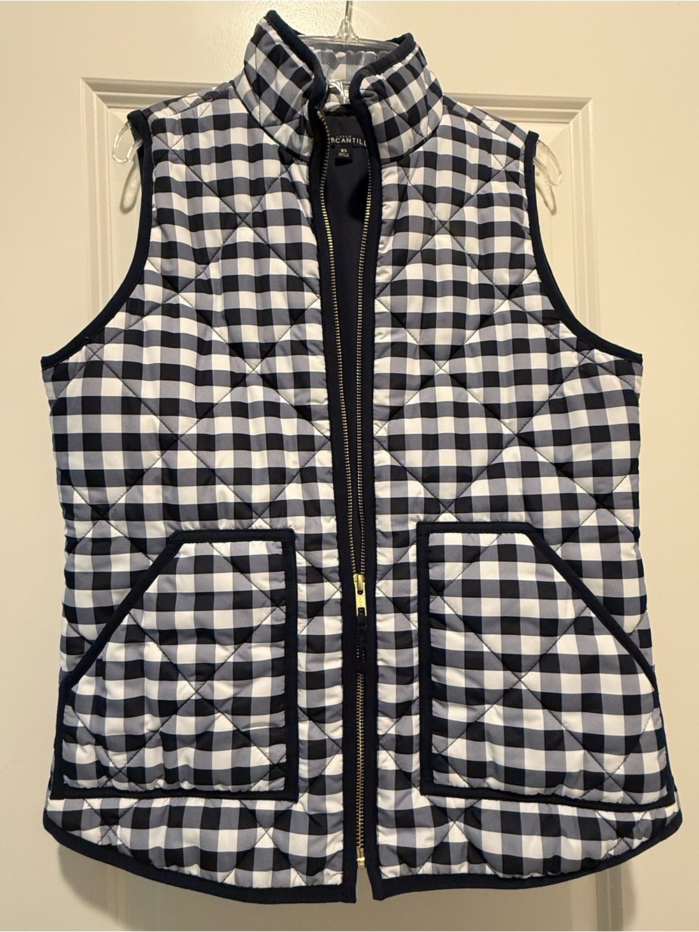 J. Crew Navy and White Gingham Quilted Vest